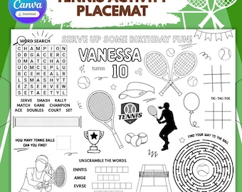 Mantel individual para fiestas de cumpleaños con temática de tenis: Nombre y edad editables (Descarga digital)