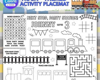 Mantel individual para colorear con actividades de fiesta de trenes / Página de juego para fiestas infantiles