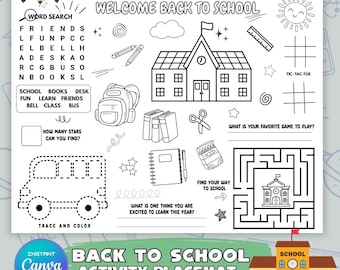 Página de mantel individual con actividades para la vuelta al cole para niños