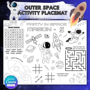 Utskrivbar mall för födelsedagsfest med galaxtema | Målarunderlägg för yttre rymden | Astronautfestspel