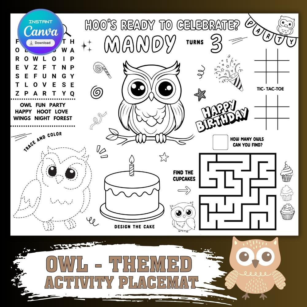 Personalized Owl Birthday Coloring Page: Editable Party Placemat (Digital Download)
