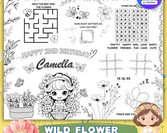 Página para colorear con mantel individual para fiestas temáticas de flores silvestres