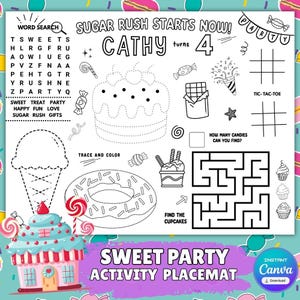 Könnte beinhalten: Eine schwarz-weiße Aktivitäts-Tischset mit dem Text "Sugar Rush Starts Now!" und "Sweet Party Activity Placemat." Enthält ein Wortsuchrätsel, Tic-Tac-Toe, ein Labyrinth und andere unterhaltsame Aktivitäten. Der Name "Cathy" und die Zahl "4" sind ebenfalls enthalten.