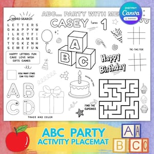 May include: Black and white ABC party activity placemat with various games and activities. Includes a word search, tic-tac-toe, a maze, and a cake design. Features the text "ABC Party Activity Placemat" and "Happy Birthday".