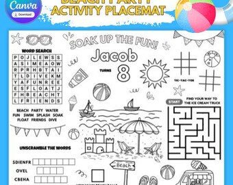 Personalized Beach Party Activity Coloring Placemat for Kids