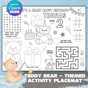 Teddy Bear Birthday Party Activity Placemat | Teddy Bear  Coloring Table Mat | Personalized Teddy Bear Activity Page for Kids Birthday Party