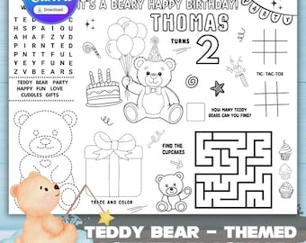 Teddy Bear Birthday Party Activity Placemat | Teddy Bear  Coloring Table Mat | Personalized Teddy Bear Activity Page for Kids Birthday Party