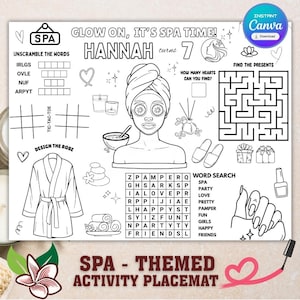Page de napperon d&#39;activités pour fête d&#39;anniversaire au spa | Tapis de table à colorier pour spa | Idées de fête au spa | Set de table d&#39;activités Cadeau de fête au spa