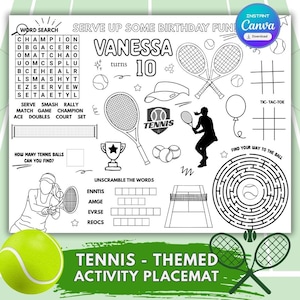 Pode incluir: Tapete de atividades com tema de tênis em preto e branco com jogos de busca de palavras, decifração e labirinto. Apresenta raquetes, bolas e uma rede de tênis. Inclui o texto "VANESSA turns 10" e "TENNIS - THEMED ACTIVITY PLACEMAT".