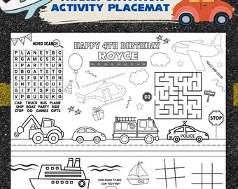 Mantel individual con temática de transporte / Actividad para colorear para fiestas infantiles