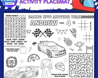 Mantel individual con actividades para fiesta de coches de carreras / Juegos imprimibles para niños / Hoja de actividades de cumpleaños de carreras / Descarga instantánea