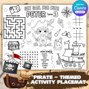 Pirate - Themed Birthday Party Activity Placemat | Personalized Pirate Coloring Table Mat for Kids| Pirate Party Favor Ideas | Activity Page