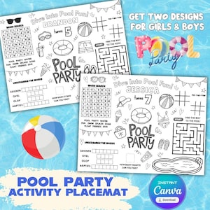 Puede incluir: Un mantel individual de actividades para fiestas en la piscina con dos diseños para niñas y niños. El mantel individual presenta búsquedas de palabras, laberintos y otros juegos. Una pelota de playa está en la esquina inferior izquierda.