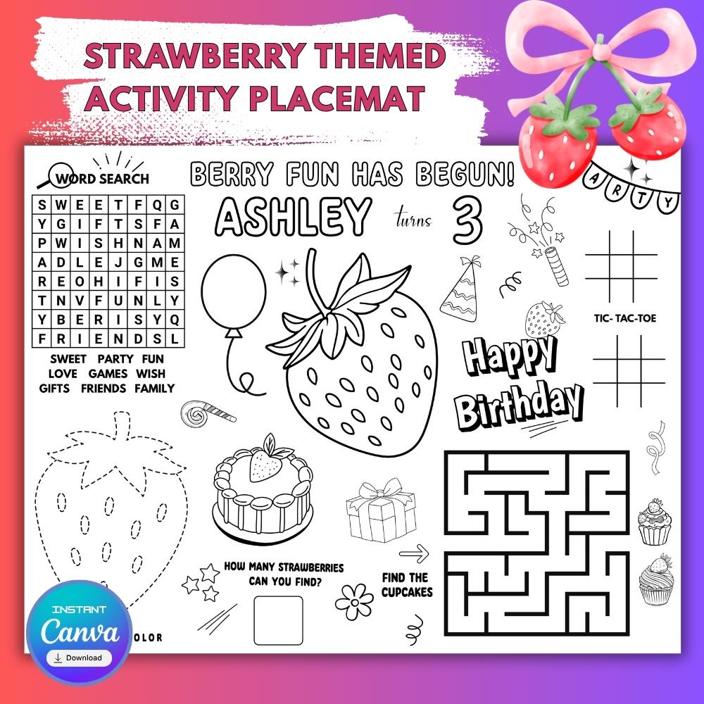 Personalized Strawberry - Themed Activity Placemat Page Coloring…
