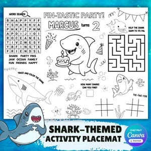 Shark-Themed Birthday Party for Boys and Girls | Shark Table Activities for Kids Party | Personalized Coloring Page/Sheet