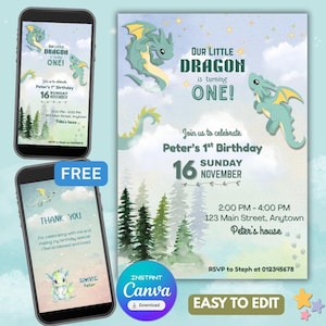 Drachen Geburtstagseinladung - Drachen Geburtstag einladen - Drachen Thema Geburtstagseinladung - Bearbeitbare Einladung Canva Download