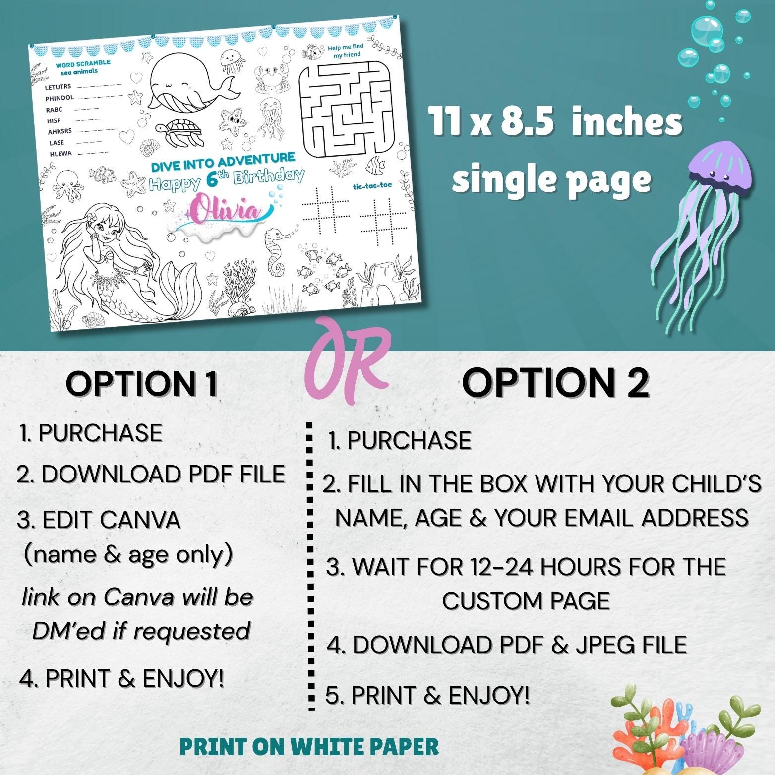 Personalized Mermaid Printable Placemat | Editable Mermaid Themed ...