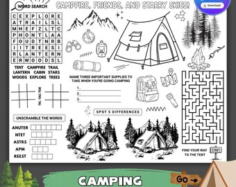Tapete para colorear con actividades de campamento para niños / Mantel individual para campamento de verano
