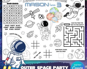 May include: Outer space-themed activity placemat with word search, maze, tic-tac-toe, and other games. Features astronauts, planets, rockets, and the text "A Space-Tacular Adventure!" and "Mason turns 3". Includes the text "Outer Space Party Activity Placemat".