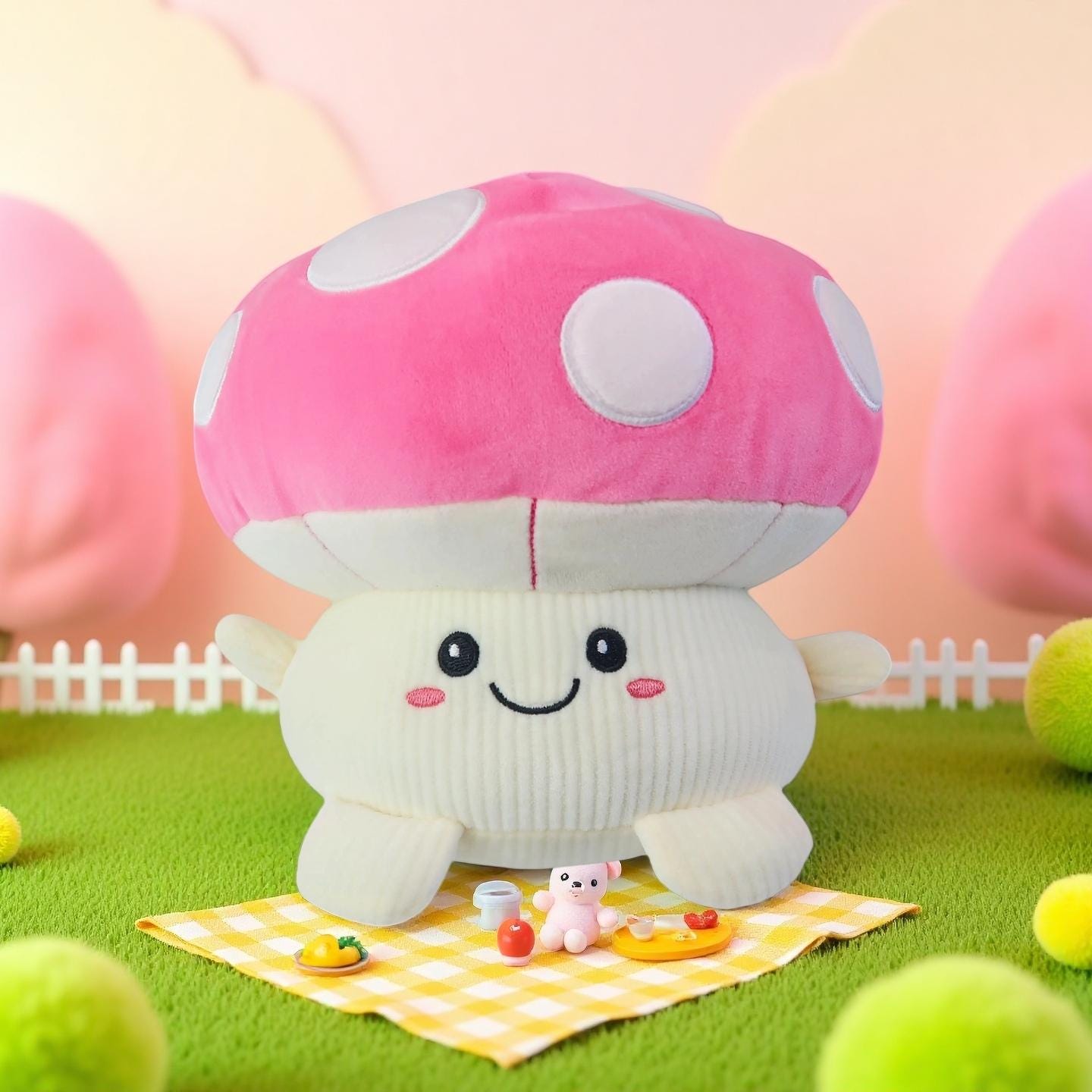 魅力的なピンクのキノコのぬいぐるみ枕 – ギフトやお部屋のインテリア 