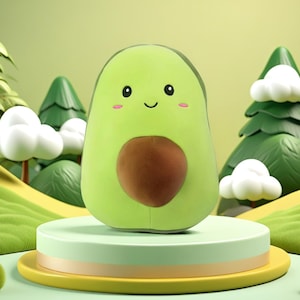 Puede incluir: Un cojín de aguacate de peluche con una cara sonriente, ojos negros y mejillas rosadas. El aguacate tiene un hueso marrón y está sobre un fondo verde y amarillo con árboles y nubes de dibujos animados.