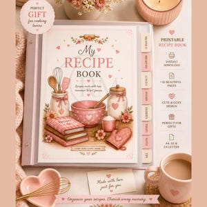 Pode incluir: Um livro de receitas rosa com o título "My Recipe Book" e ilustrações de utensílios de cozinha. O livro está aberto, com abas para diferentes pratos. Uma caneca de café e um batedor também são visíveis.