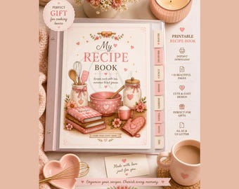 Printable Recipe Book | Pink Recipe Binder | Cute Kitchen Planner | DigitalDownload | A4 A5 US Letter | Recipe Organizer
