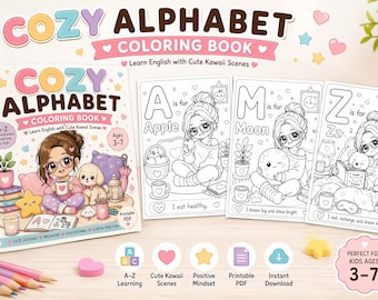 Cozy Alphabet Coloring Book for Kids | A-Z Learning Printable PDF | Cute Kawaii Coloring Pages | Preschool English Activity | Ages 3-7