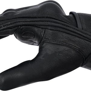 May include: Black leather glove with a curved design. The glove has stitched details and a textured surface. The fingers are slightly curved, suggesting a natural hand position. The overall design is sleek and functional.