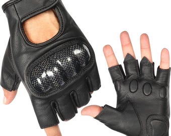 Leather Fingerless Motorcycle Gloves, Gel Padded Hard Knuckle Biker Gloves