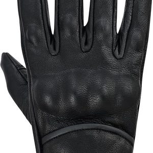 May include: Black leather glove with padded knuckles and a reinforced palm. The glove features a textured surface and a stitched cuff. This protective glove is designed for motorcycle riding or similar activities.