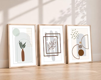 Japandi Wall Art Set of 3, Sage Green Botanical Prints, Minimalist Line Art, Neutral Scandinavian Decor, Digital Download