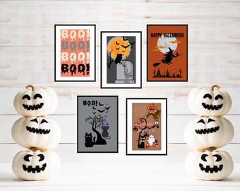 Retro Halloween Art Prints Holiday Poster Set of 5 Seasonal Wall Prints Kitchen Halloween Decor Festive Gift for Home