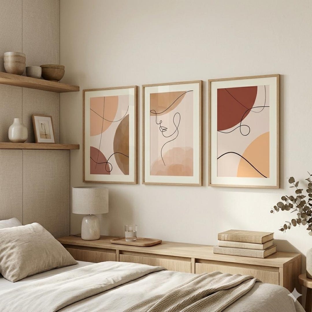 Boho Wall Art Set of 3 Printable, Neutral Abstract Line Art Prints ...