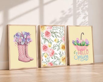 Florale Gummistiefel Wand Kunst Set, Hallo Frühling Aquarell Blumen, Cottagecore botanisches Dekor, rosa Regenstiefel Druck, Bauernhaus Frühlingswandkunst
