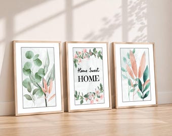 Sage Green Botanical Wall Art Set of 3, Eucalyptus Prints, Botanical Gallery Wall Decor, Neutral Home Decor, Digital Download
