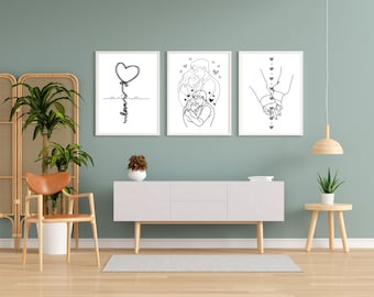 Romantic Line drawing print wall art Set Of 3, Couple Gift for her Valentine's day Holding hands print, Line sketch poster PRINTABLE