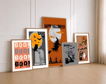Halloween Wall Art Set of 5, Retro Halloween Prints, Vintage Halloween Decor, Printable Halloween Posters, Spooky Gallery Wall Download