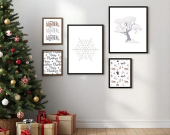 5 Winter Prints, Christmas gallery wall decor, winter bundle posters, christmas holiday photography digital download, printable wall art