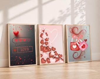 Valentines Wall Art Set of 3, Printable Valentine Decor, Heart Print Bundle, Romantic Gallery Wall, Digital Download