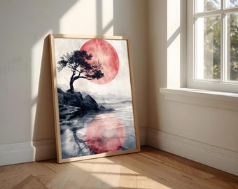 Japandi Wall Art, Japanese Pine Tree Print, Red Sun Poster, Zen Landscape Wall Decor, Wabi Sabi Printable Wall Art, Digital Download