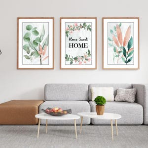 Boho botanische muurkunst set van 3 Home Sweet Home poster minimalistische plantenprints eucalyptus en bloemendecor afdrukbare muurkunst voor woonkamer