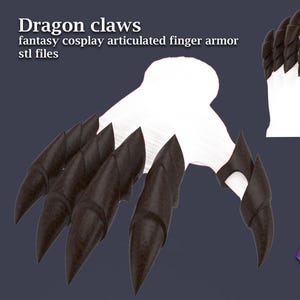 May include: Digital illustration of articulated dragon claw finger armor. The claws are dark brown and designed to fit over the fingers. The background is a dark blue-grey colour. Text at the top reads "Dragon claws fantasy cosplay articulated finger armor stl files."