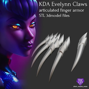 Könnte beinhalten: Ein digitales Rendering von KDA Evelynn Claws, einer beweglichen Fingerpanzerung. Das Bild zeigt ein stilisiertes Gesicht mit lila und blauen Farbtönen sowie mehrere silberne, krallenartige Fingerpanzerungsteile. Der Text auf dem Bild lautet "KDA Evelynn Claws" und "STL 3dmodel files."
