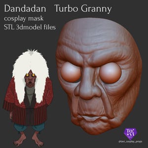 May include: A 3D-rendered Turbo Granny cosplay mask with a detailed, aged appearance. The image also features a cartoon illustration of the character, along with text that reads "Dandadan cosplay mask STL 3dmodel files."