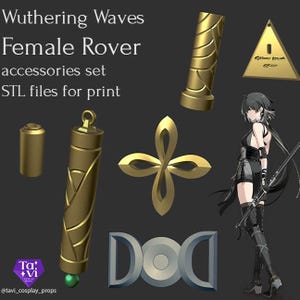 Op de afbeelding: Een verzameling gouden accessoires en STL-bestanden om af te drukken, waaronder een kruisvormig embleem, cilindrische objecten en een driehoekige hanger. De afbeelding bevat ook een karakterillustratie en de tekst "Wuthering Waves Female Rover accessories set STL files for print."