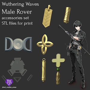 Può includere: Una collezione di accessori color oro e file STL per la stampa 3D, tra cui un ciondolo, un cilindro, una croce e altre forme geometriche. Il testo "Wuthering Waves Male Rover accessories set STL files for print" è visualizzato.