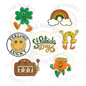 Puede incluir: Una colección de gráficos con temática del Día de San Patricio. Incluye un trébol verde con una cara, un arcoíris, una carita sonriente "Feeling Lucky", texto "St. Patrick's Day", una herradura, una máquina tragamonedas con "777" y una olla de oro.