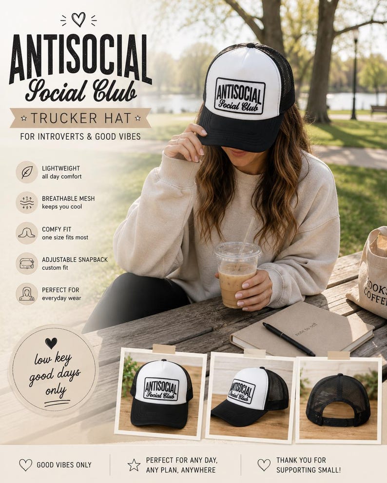 K&ouml;nnte beinhalten: Schwarz-wei&szlig;e Trucker-Cap mit dem Text "ANTISOCIAL Social Club". Die Kappe hat einen Mesh-R&uuml;cken und einen verstellbaren Snapback-Verschluss. Das Bild enth&auml;lt auch den Text "TRUCKER HAT FOR INTROVERTS & GOOD VIBES".