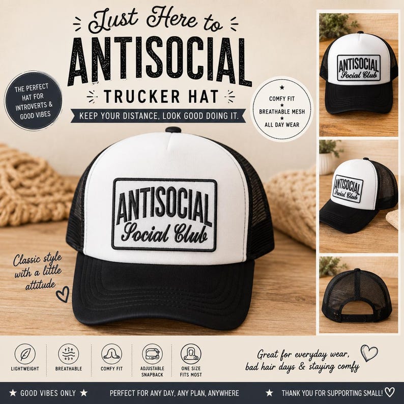 K&ouml;nnte beinhalten: Schwarz-wei&szlig;e Trucker-Cap mit dem Text "ANTISOCIAL Social Club". Die Kappe hat einen Mesh-R&uuml;cken und einen verstellbaren Snapback-Verschluss. Der Text "Just Here to ANTISOCIAL TRUCKER HAT" steht dar&uuml;ber.